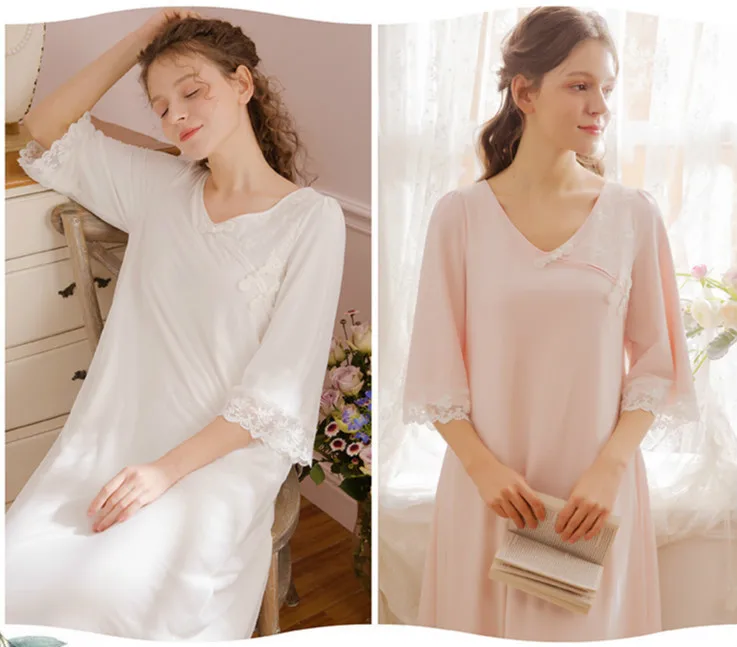 Women Sleepwear Nightgown Lace Cotton Sleep Lounge Lady Long sleeve