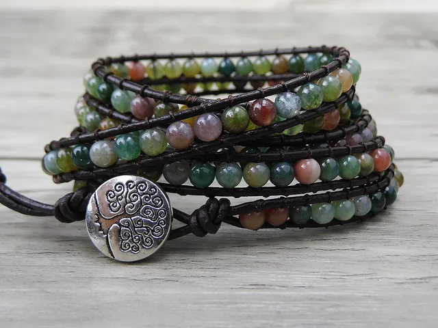 Boho Wrap Bracelet Leather India Bead Green Boho Wrap Bracelet Leather India Bead Green Beads Jewelry Natural Stone