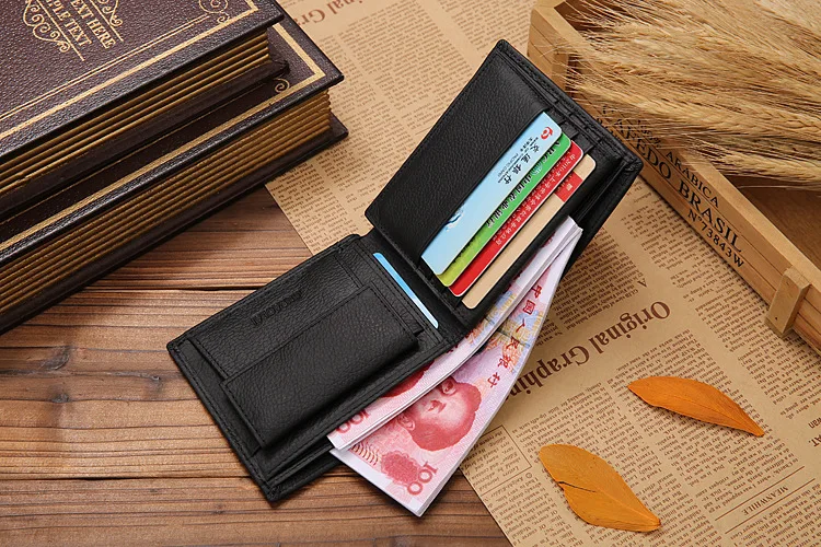 Genuine Leather Mens Wallet Premium Product Real Cowhide Wallets For Man Short Black Walet Portefeuille Homme Short Purses 69