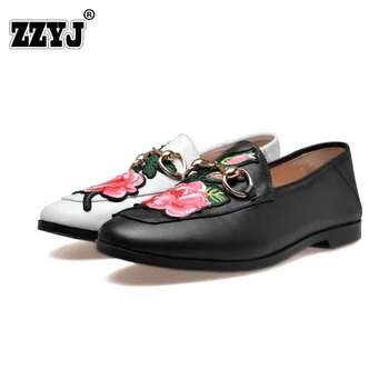 ZZYJ 2017 Spring Summer Brand New Woman Shoes Genuine leather Flat Casual shoes Fashion Metal fasteners Black White Big size 43