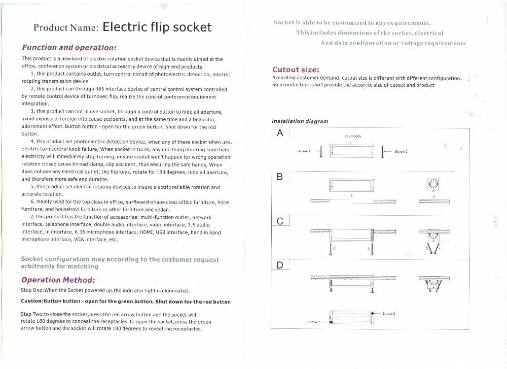 Furniture power socket instruction