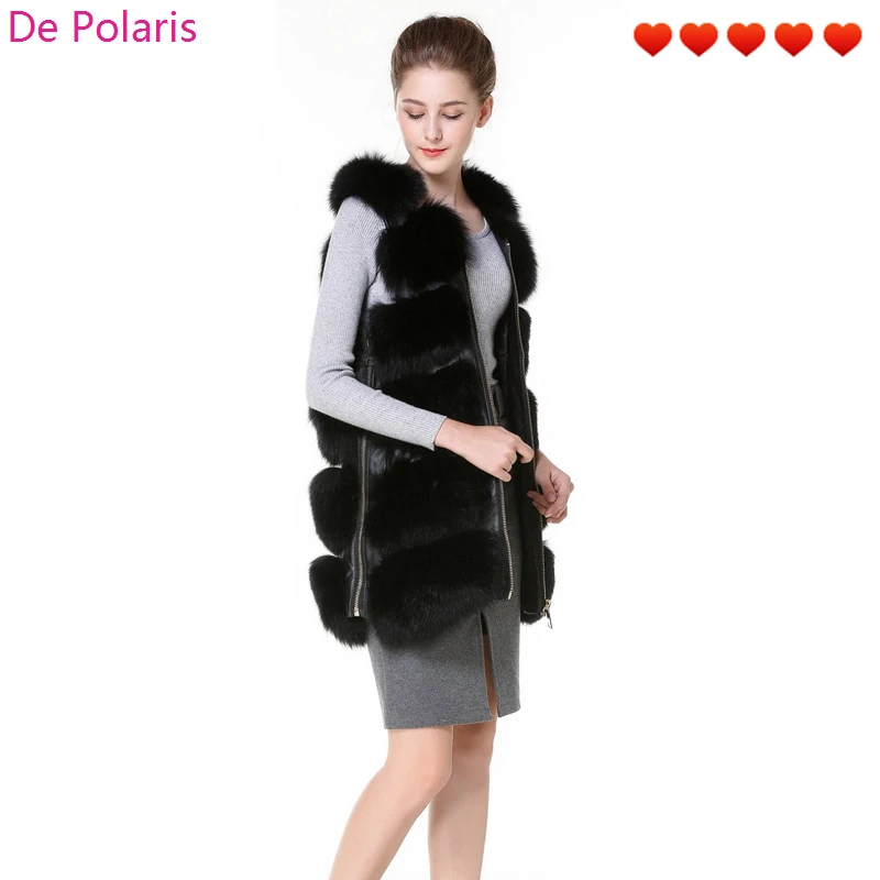 

Real Fur Vest Black Fur Vest With Side Zipper Genuine Leather 75cm New Design Fox Fur Gilet for Ladies in Winter DHL