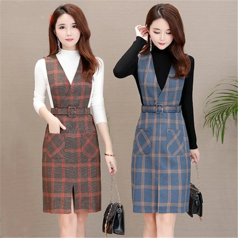 

Autumn winter dress female 2019 new Blue khaki plaid long-sleeved dress Two Piece Set Shirt And Woolen Dress