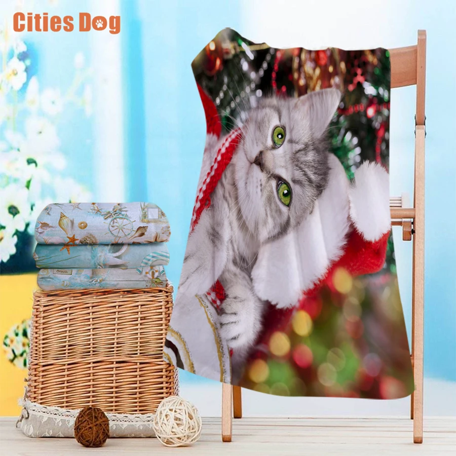 Beach towel new Year decoration Christmas cat wearing a scarf gift Microfiber Travel outdoors Sports Swimming Camping Bath Yoga