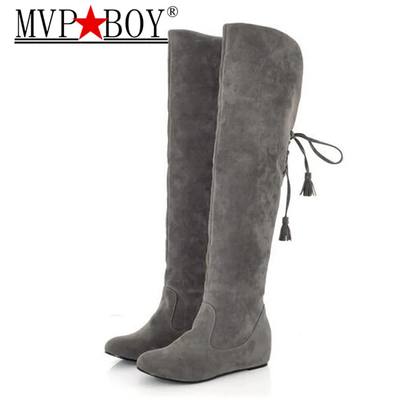 

MVP BOY Womens Boots Faux Suede Over the Knee Flat Warm Boots Comfortable Thigh High Boots Lace-up Woman Winter Shoes black gray