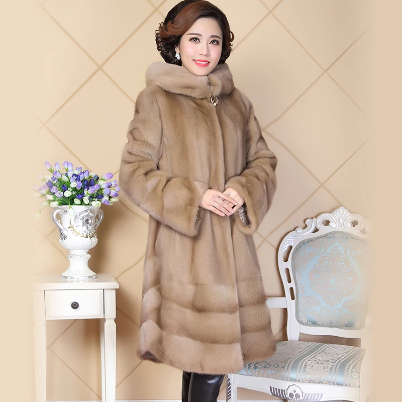 Real Mink Fur Coat Women China Long Sleeve Hooded Natural Russian Mink Coats With Big Hood