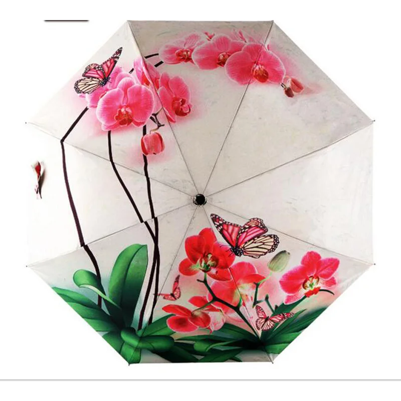 2016 Women butterfly orchid flower umbrella 3 Folding Fashion Umbrella Anti UV Sun/Rain Umbrella