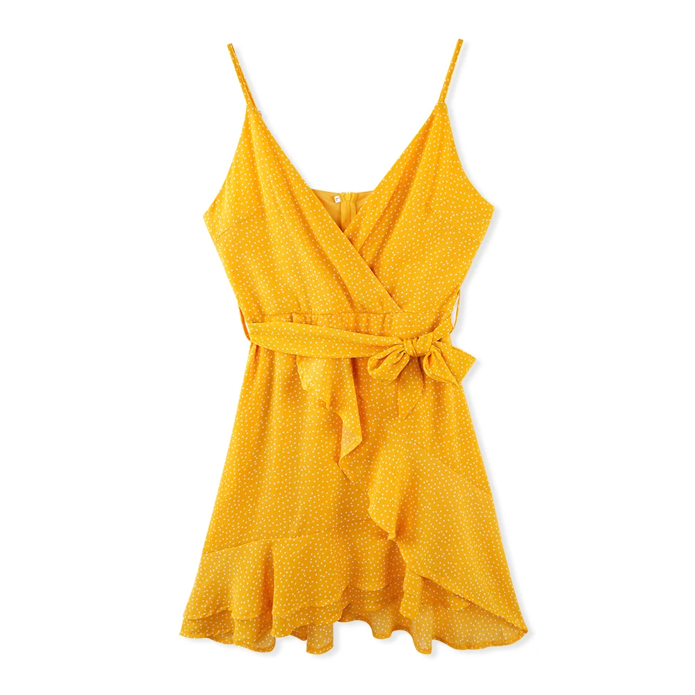 2019 Summer Fashion Dot Print A-line Dresses Women V-neck Sleeveless Sashes Ruffles Beach Style Casual Lady Chiffon Mini Dress | Женская