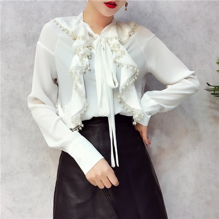 

Amolapha Women Ruffled Pearls Shirts Chiffon Solid Long Sleeve Fashion Shirt Jumpers for Elegant Woman