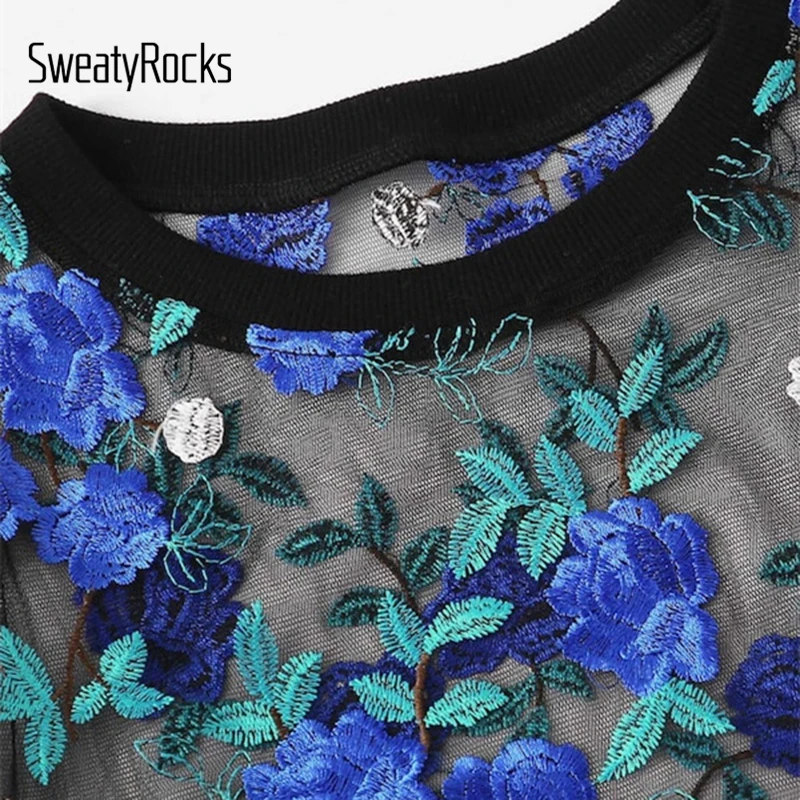 SweatyRocks, Цветочная вышивка, прозрачная сетчатая блузка, короткий рукав, модные сексуальные короткие топы, летние женские Гламурные блузки