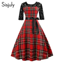Sisjuly, весенне-летнее винтажное красное платье в клетку, женское черное платье с цветочной вышивкой, ажурное кружевное платье с бантом на поясе, вечерние платья для работы