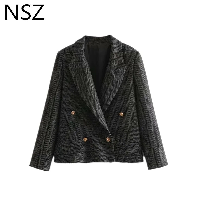 Women Gold Buttons Double Breasted Winter Woolen Cropped