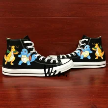 Вэнь черный ручная роспись парусиновая обувь Дизайн Аниме Покемон Сквиртл Dragonite Для мужчин Для женщин Подарки высокие холщовые кроссовки