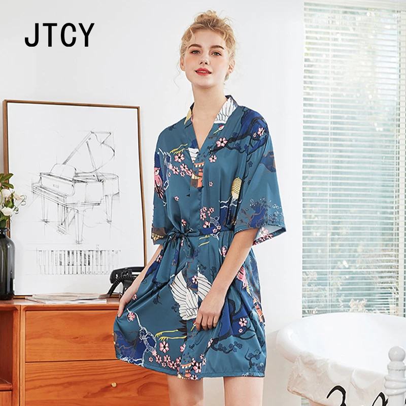

JTCY Women Summer Faux Silk Robes Mini-length Nightwear Printing Loose Half Sleeve Female Sleep Robes Soft Satin Leisure Robes