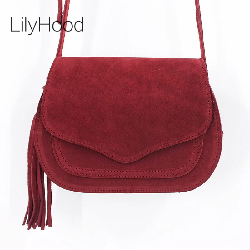 

LilyHood 2018 Women Genuine Leather Saddle Bag Leisure Retro Bohemian Hippie Ibiza Fringe Burgundy Cross Body Over Shoulder Bag