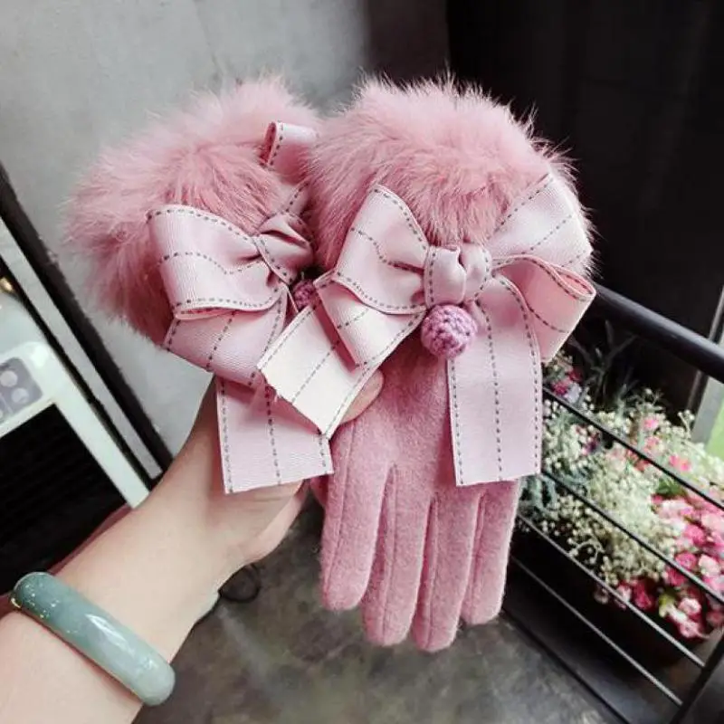 

Fashion Korean Winter Women Gloves Touch Screen Thicken Warm Full Finger Mittens Female Bowknot Wrist Cashmere Gloves AGL103