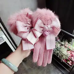 Модные корейские зимние Для женщин перчатки Сенсорный экран теплая Полный Finger варежки женский бантом наручные кашемир перчатки AGL103