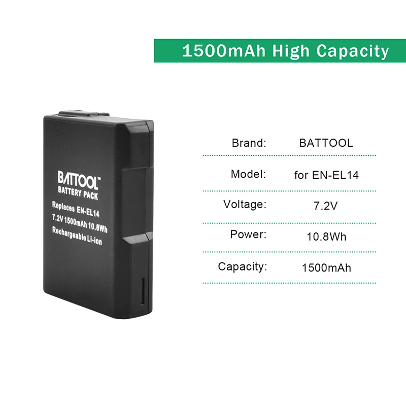BATTOOL EN-EL14 1500 мА/ч, Перезаряжаемые батареи для Nikon D3100 D3200 D3300 D5100 D5200 D5300 P7000 P7100 P7700 P7800