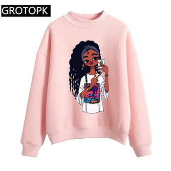 

Harajuku Women Hoodies Tops Kawaii Black Girl Print Hooded Sweatshirt Streetwear Casual Female Long Sleeve Pink Pullover Moletom