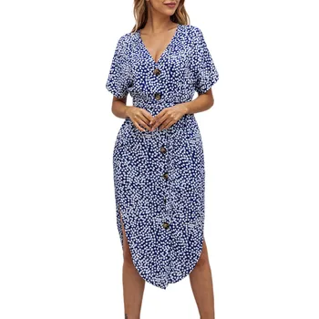 

2019 MAXIORILL New Women Sexy Printing Short Sleeve V Neck Button Dress Evening Party Dress платье Wholesale T3