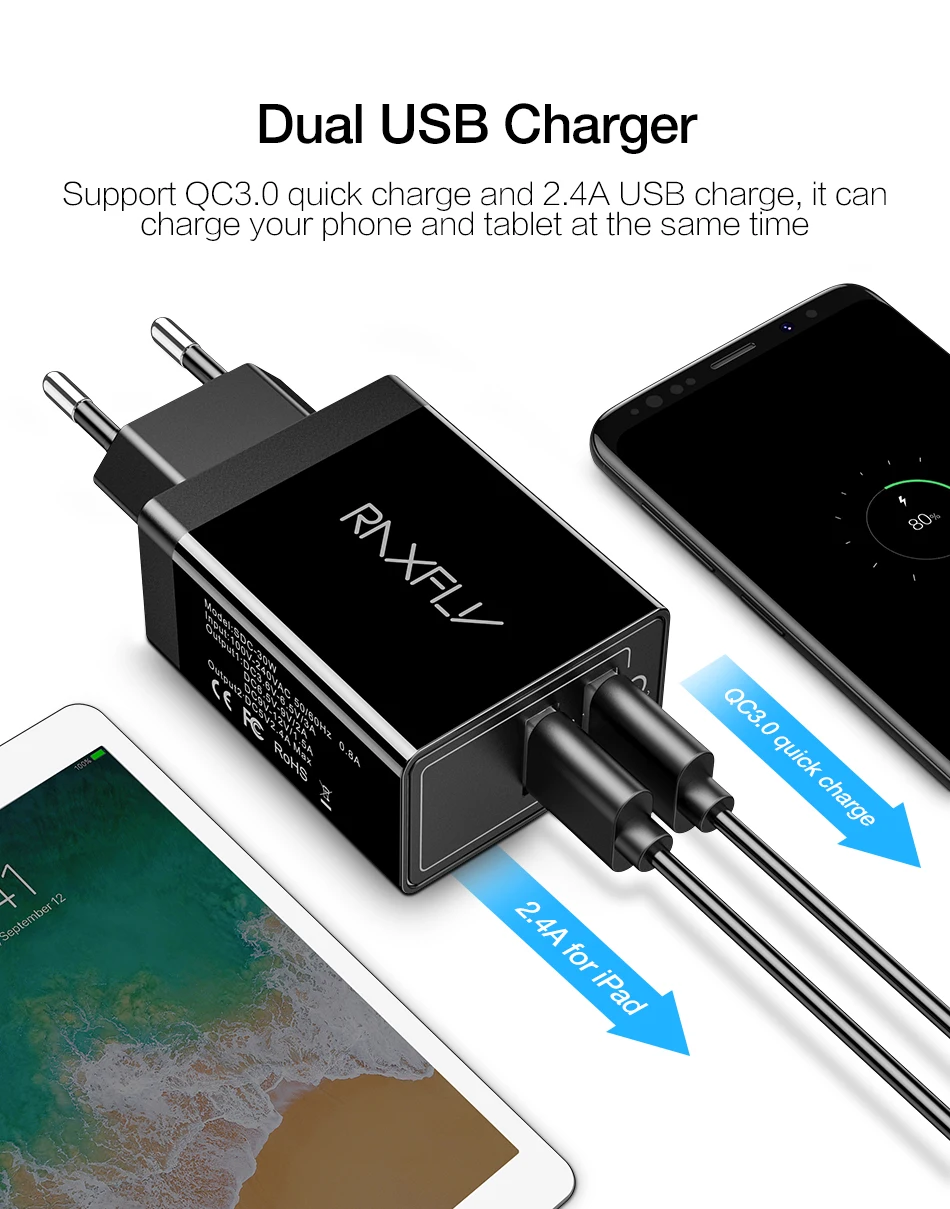 RAXFLY Quick Charge 3,0 30 Вт два порта USB зарядное устройство для samsung S9 S8 Быстрая зарядка для Xiaomi Redmi Note 7 huawei зарядное устройство для телефона