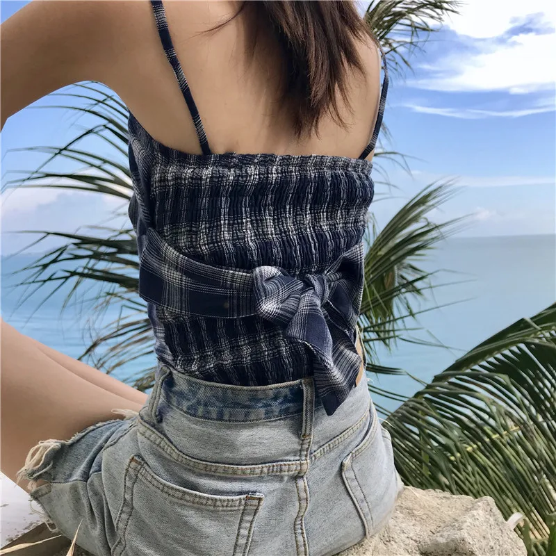 

Vintage Plaid Tie Bow Bandage Elegant Summer Women Crop Top Boho Bohemian Sexy Bustier Spaghetti Strap Cropped Kawaii Tee Camis