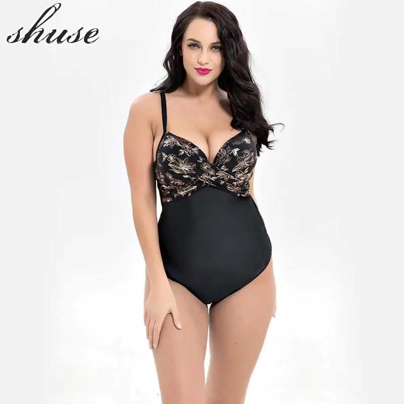 

SHUSE Plus Size Sexy One Piece Swimwear Women Push Up Bandage Monokini Print Solid Backless Bodysuit Large Size 2018 New Bating