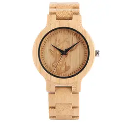 Новое поступление ручной работы Для мужчин деревянные часы кварцевые голова оленя Дизайн деревянный циферблат Bamboo ремешок браслет