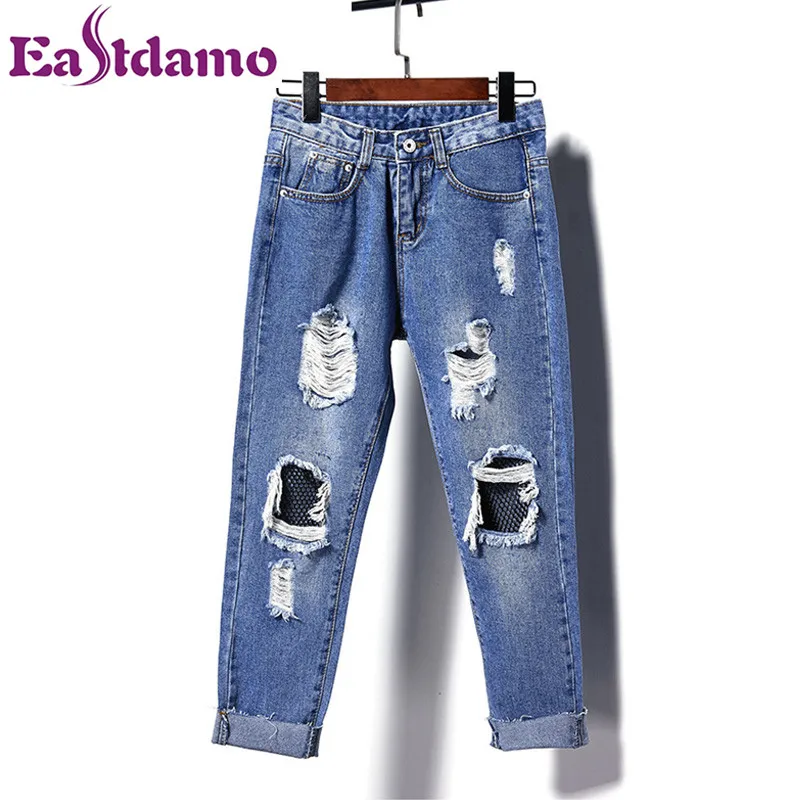 

Eastdamo Ripped Jeans For Women 2017 New Casual Holes Mesh Fishnet High Waist Ripped Jeans High Street Slim Nine Pants Trousers