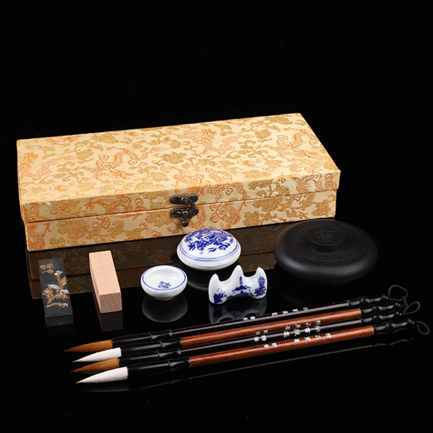 10PCS Chinese Traditional Calligraphy Set with Writing Brush Washer Holder Inkstone Ink Stick Seal Inkpad for Beginners Lovers