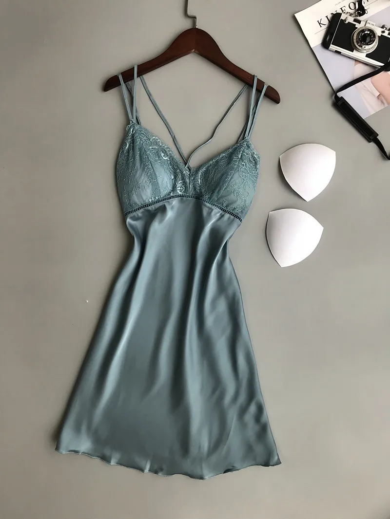 Night Woman Nightgown Night Dress Sleepwear Silk Satin Nightie Summer Night Gown Lingerie Femme Sleeveless V-neck Nightwear   4