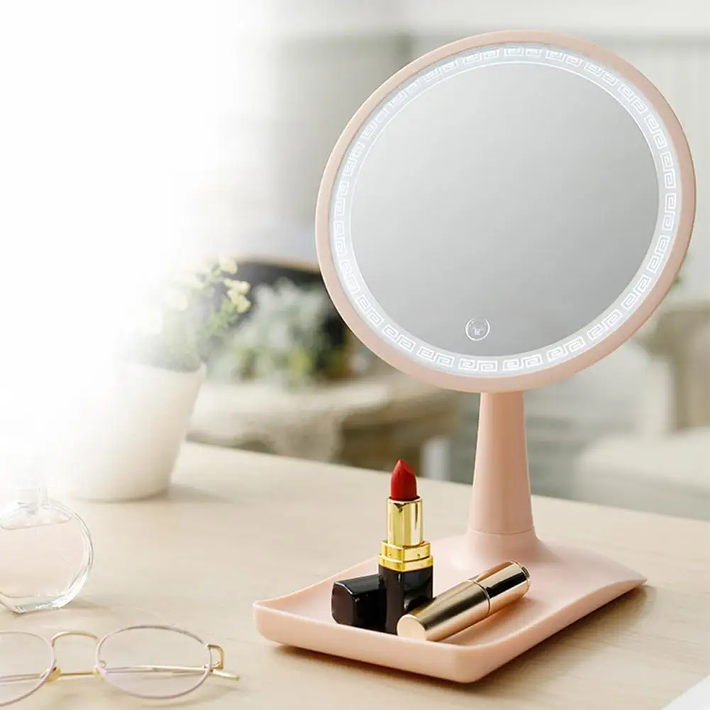 

LED Storage Makeup Mirror 360 Degree Rotation USB Lighted Vanity Round Mirror Touch Screen Portable Tabletop Lamp