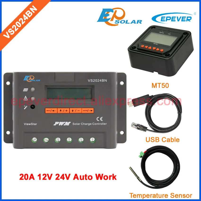 

VS2024BN solar controller with MT50 remote meter 12v 24v auto work 20A 20amp EPEVER brand USB cable and temperature sensor