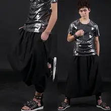 Черные Ультра-низкие брюки новые модные мужские ноги через брюки-кюлоты певцы сценические 1 брюки могут быть настроены