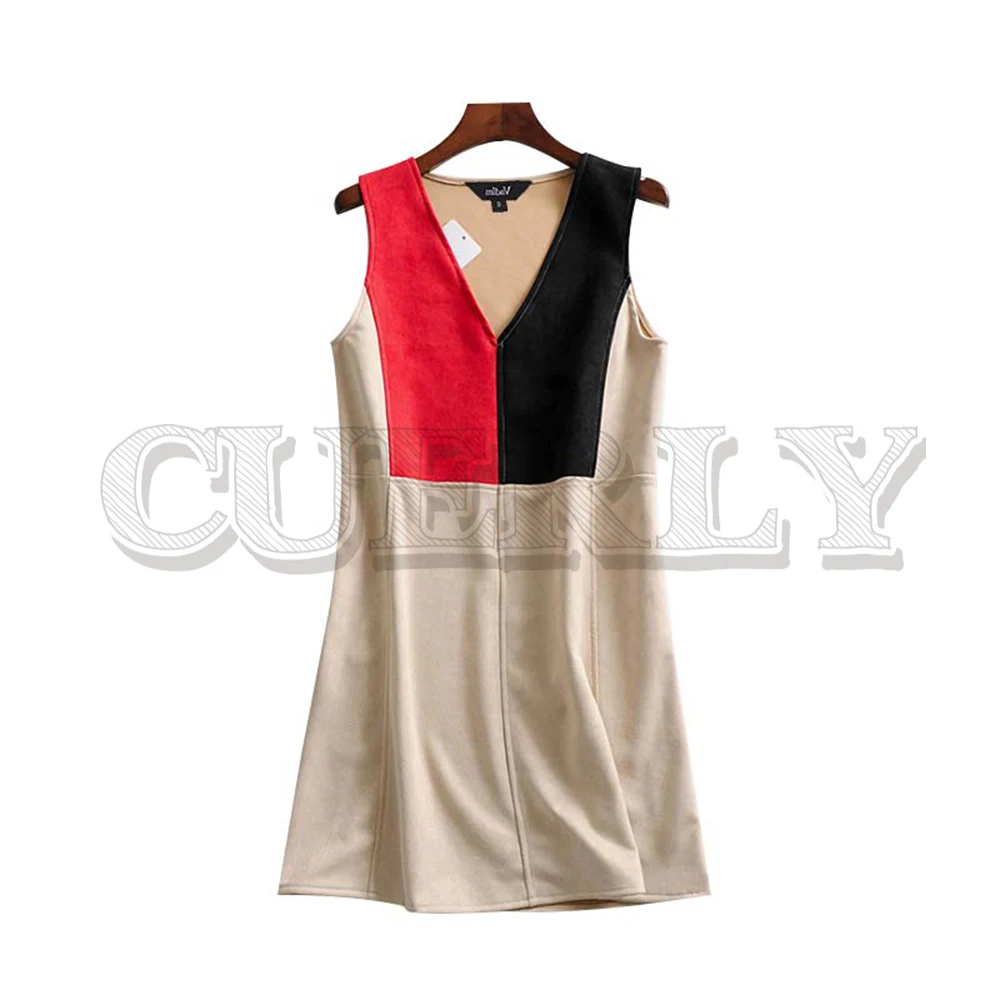 

CUERLY women vintage patchwork V neck mini dress sleeveless office wear summer A line dresses vestidos