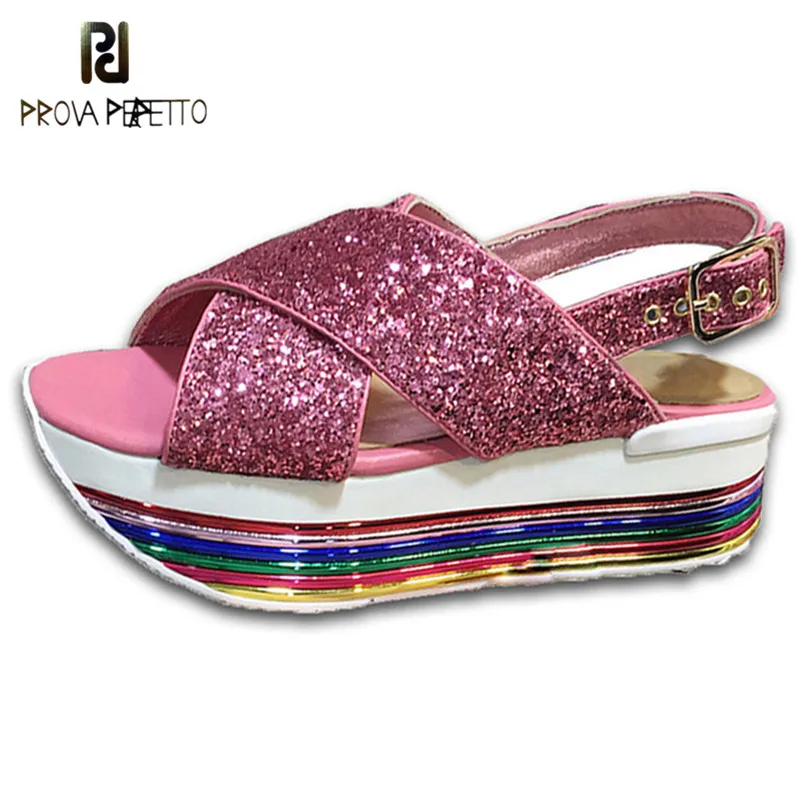 

Prova Perfetto Bling Sequined Gladiator Sandals Woman Cross Belt Rainbow Thick Bottom Platform Sandals Woman Chic Casual Shoes