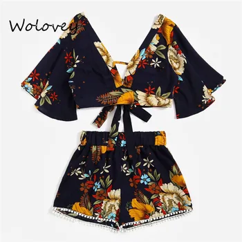 

Women Female Casual Two Piece Set Botanical Print Summer V Collar Top Shorts Beachwear Spring Summer Casual Set For Women #15