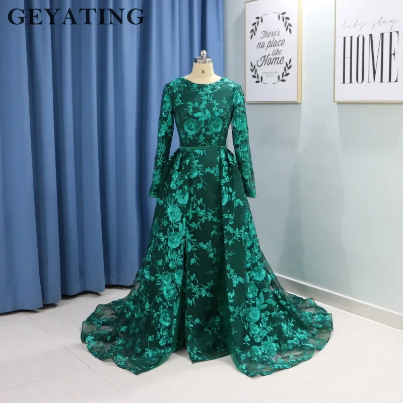 

Emerald Green Mermaid Arabic Muslim Evening Dress with Detachable Train Long Sleeves Side Split Dubai Formal Prom Dresses 2019