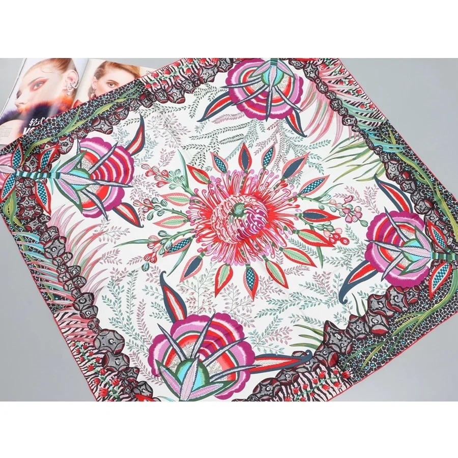 

Floral Print 100% Silk Twill Scarf Hijab Foulard Head Scarves Women Large Square Silk Scarfs Shawl Wraps 88x88cm Hand Rolled