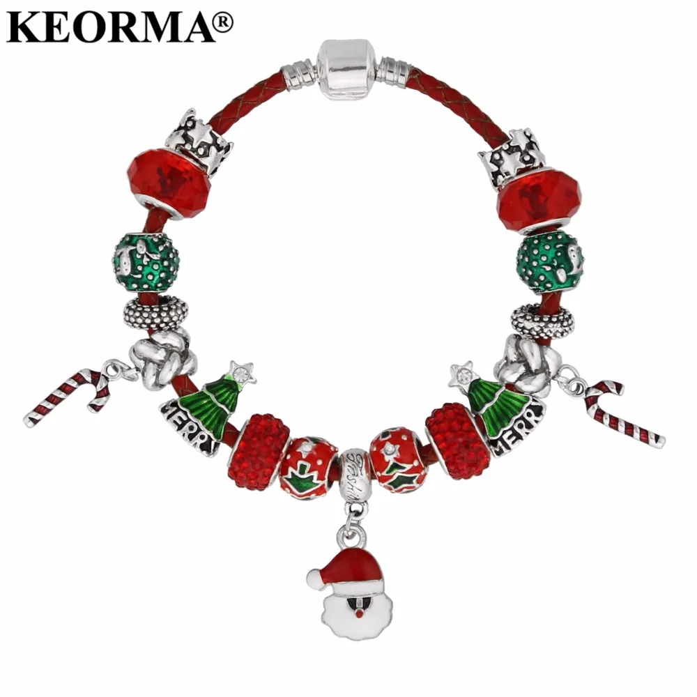 

KEORMA Fashion Antique Silver Leather Christmas Bracelets Red Glass Beads Bracelets & Bangles For Women Jewelry Christmas Gift