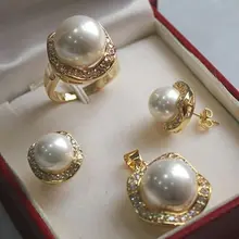 Prett Lovely Women’s Wedding luxurious white South Sea Shell Pearl Jewelry Set ( ring pendant earrings )