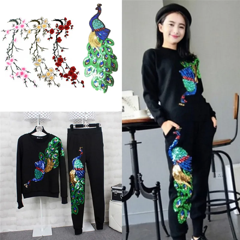 

Embroidered Plum Blossom Flower Applique Clothing Embroidery Patch Big Peacock Fabric Sticker Iron On Sew On Patch Craft