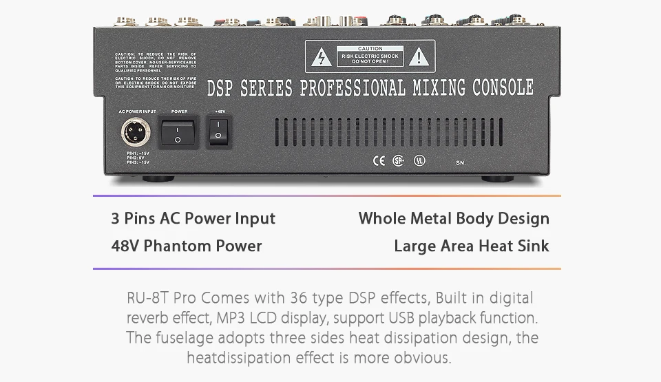 YUEPU RU-8T Pro звук аудио микшер профессиональный 8 каналов 48 В Phantom power Reverbration микшерный пульт плеер USB DSP FX эффекты
