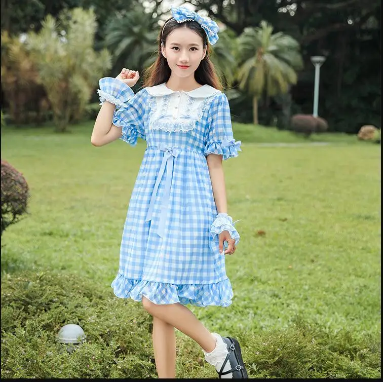 

Prairie chic sweet lolita dress retro lace bowknot peter pan collar lattice victorian dress kawaii girl gothic lolita op loli