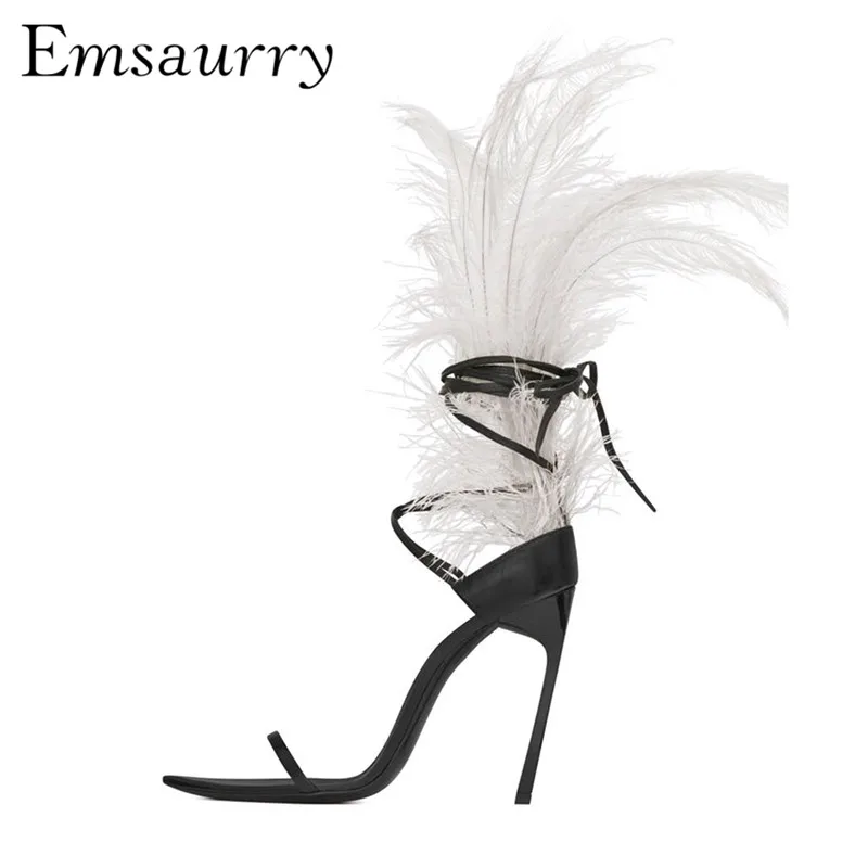 

New 2019 Feather Decor Runway Sandals Women Stiletto Heel One-strap Narrow Band Cross-tied Gladiator Sandals Women