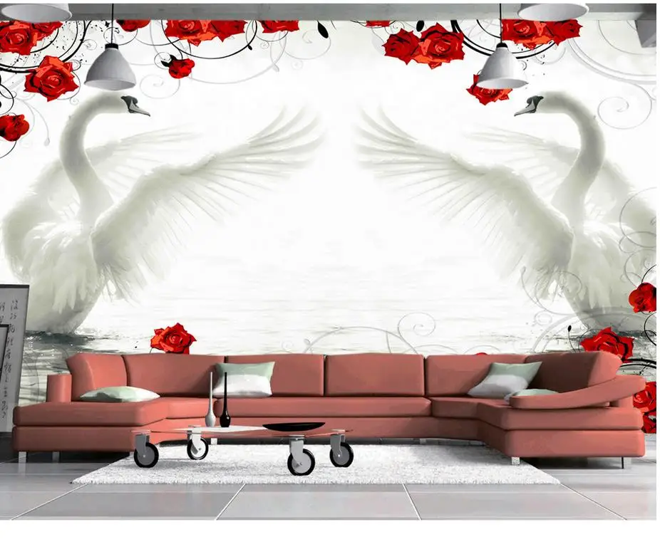 

Wallpaper murals flowers Swan red roses 3d wallpaper Eurpean minimalist bedroom living room TV backdrop