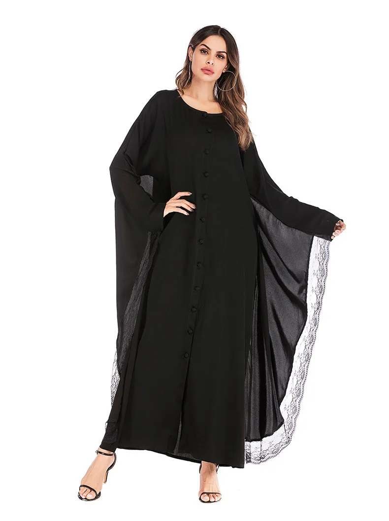 2019 г. модные женская мусульманская одежда лоскутное черный сетки мусульманские Абаи платье с круглым вырезом рукав "летучая мышь" Дубай