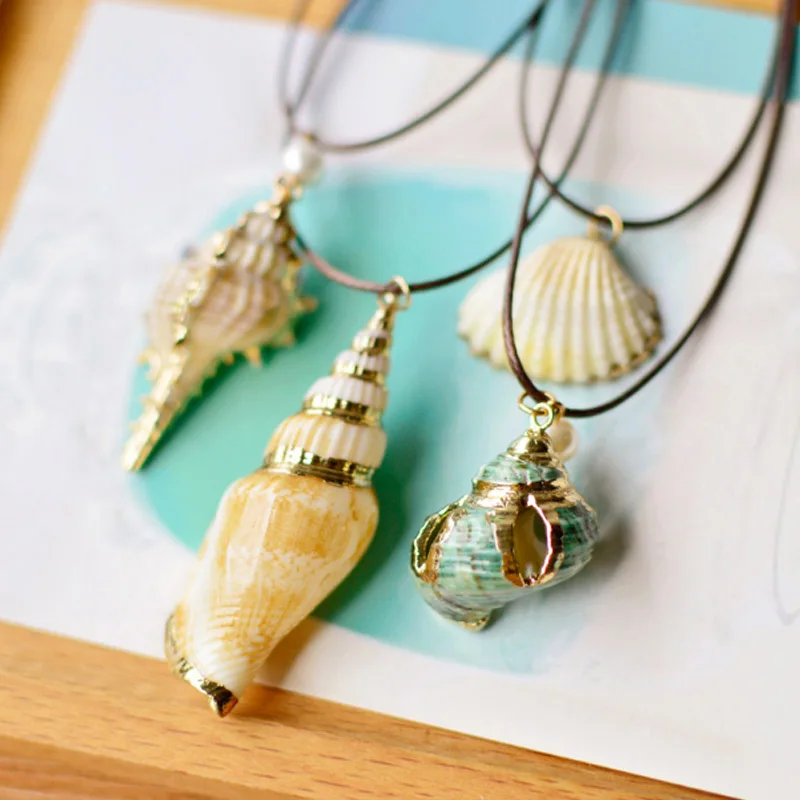 

Fashion Summer Style Natural Starfish Conch Seashell Pendant Necklace Rope Chain Shell Necklaces beach Jewelry for Women