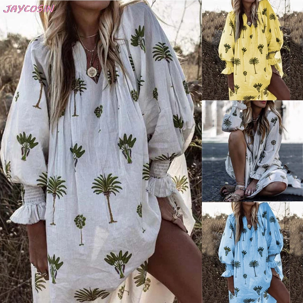 

2019 Dress Plus Size XS- XL Women Long Sleeve Print Loose Hems Dress Holiday Beach Dress Lover Gift Drop #0326