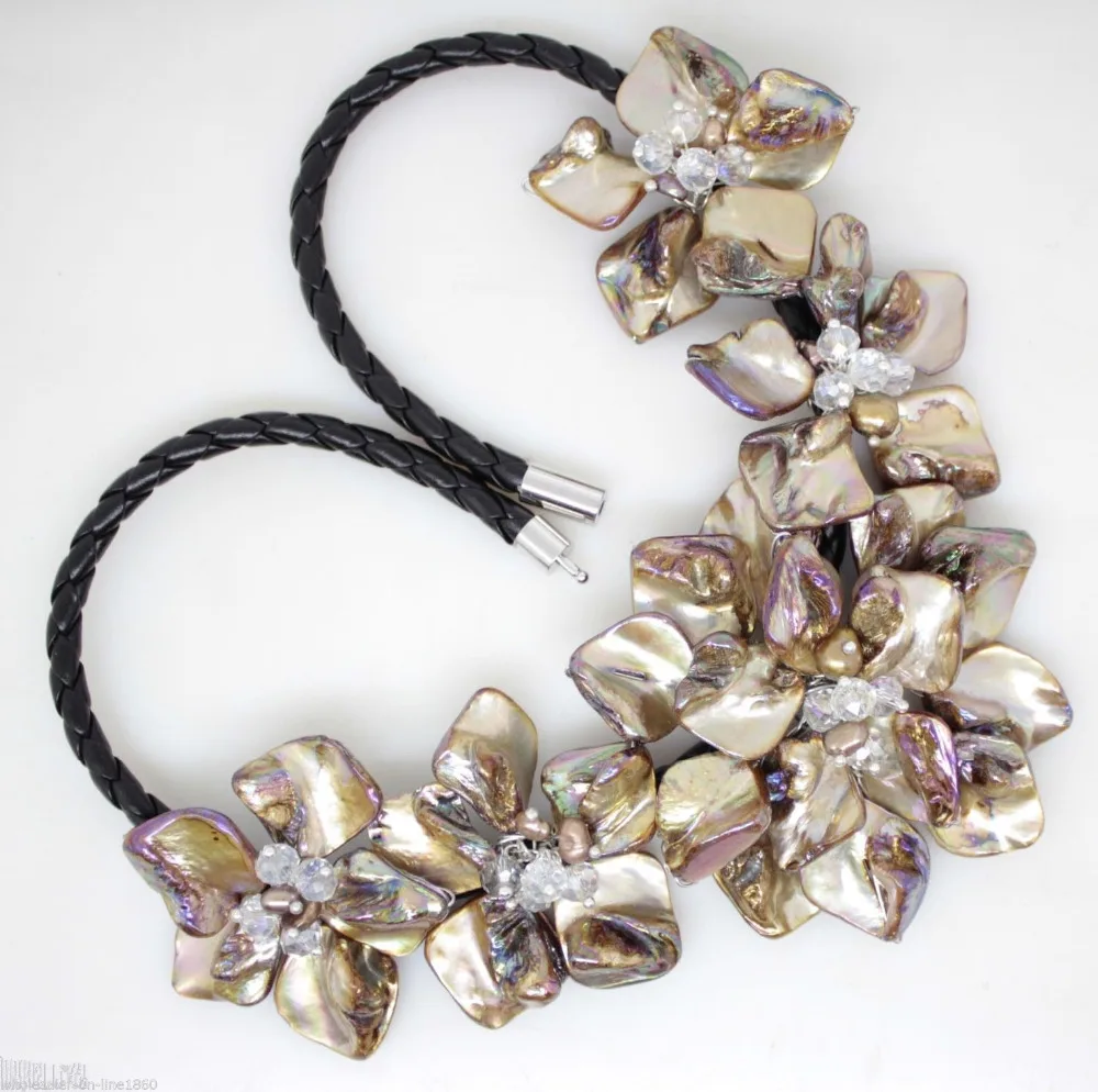 

Hot sale new Style >>>>>Pretty Brown pearl shell mother of crystal pearl flower pendant necklace 18''